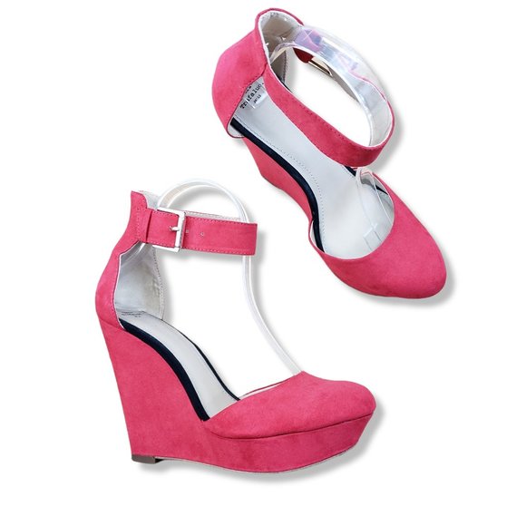 Zara Red Faux Suede Platform Wedges Size 7.5 - Picture 1 of 6